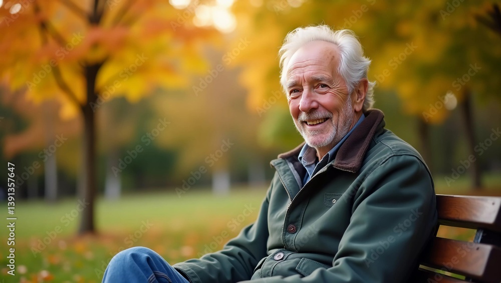 Portrait of happy senior man in park. He is sitting on bench and enjoying autumn day. Portrait of happy senior man in park. He is sitting on bench and enjoying autumn day.