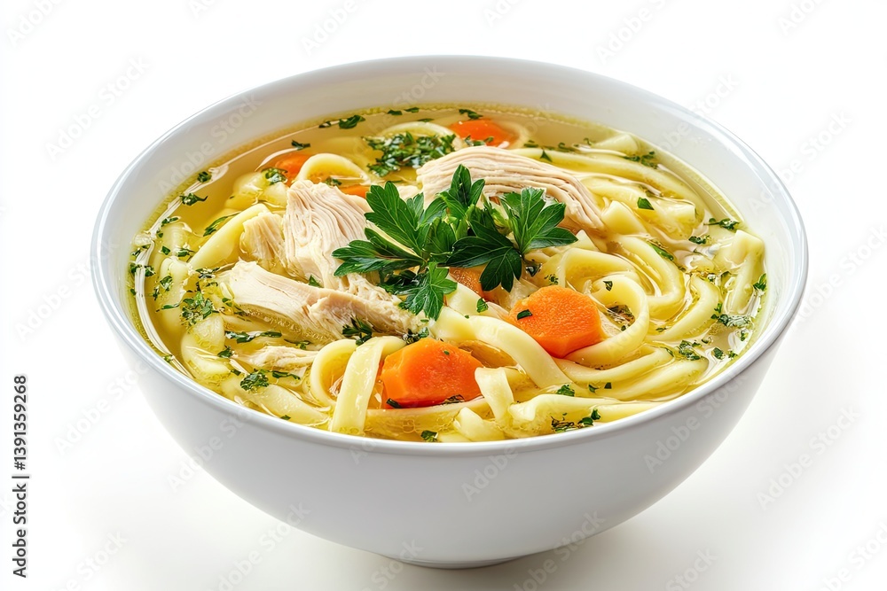 A realistic photo of Chicken Noodle Soup, hyper-realistic, isolated on white A realistic photo of Chicken Noodle Soup, hyper-realistic, isolated on white