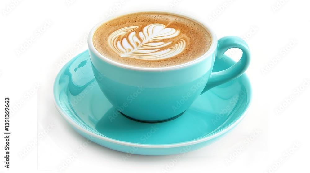 A delightful cup of cappuccino, adorned with stunning latte art, is served in a charming turquoise cup and saucer, all distinctly isolated on a clean white background, a wonderful creation by generati A delightful cup of cappuccino, adorned with stunning latte art, is served in a charming turquoise cup and saucer, all distinctly isolated on a clean white background, a wonderful creation by generati