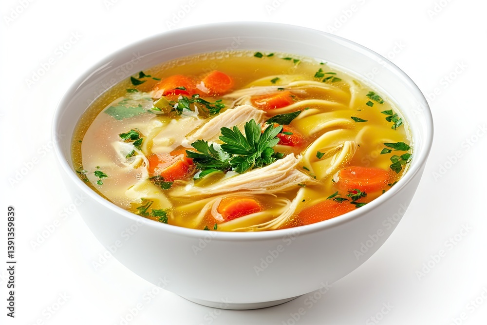 A realistic photo of Chicken Noodle Soup, hyper-realistic, isolated on white A realistic photo of Chicken Noodle Soup, hyper-realistic, isolated on white