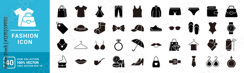 Collection of fashion icons. Women, men, clothes, perfume, jewelry. Vector design template EPS 10.