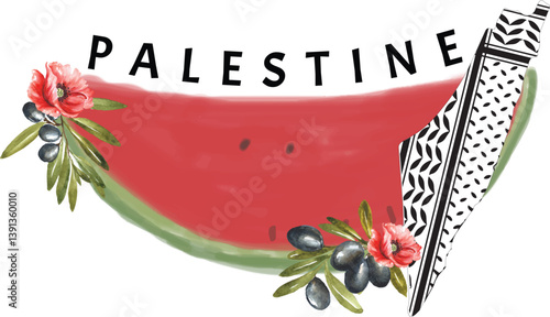 Palestine watermelon, map and olives with Arabic and English calligraphy vector, T-shirt design