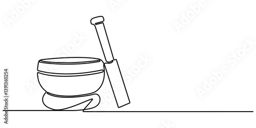 singing bowl icon continuous one line drawing, Tibetan singing bowl with a wooden resonant stick outline vector icon isolated on white background, Single line art singing bowl vector illustration.