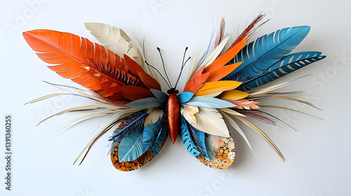 Colorful artwork of a handcrafted butterfly with layered decorative feathers