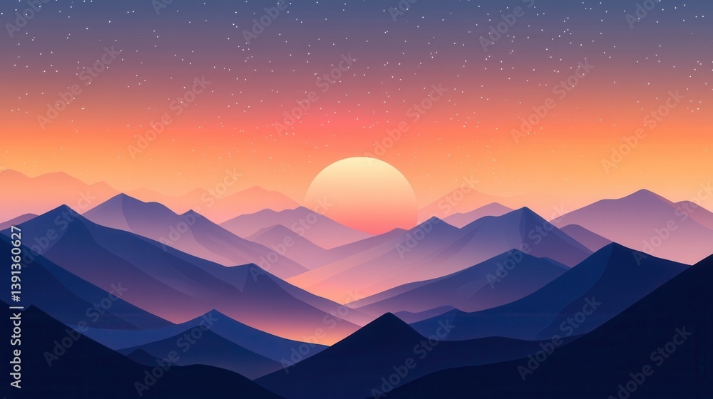 Serene mountain range landscape at dusk with a setting sun and starry sky in gradient colors evoking peace and tranquility Serene mountain range landscape at dusk with a setting sun and starry sky in gradient colors evoking peace and tranquility