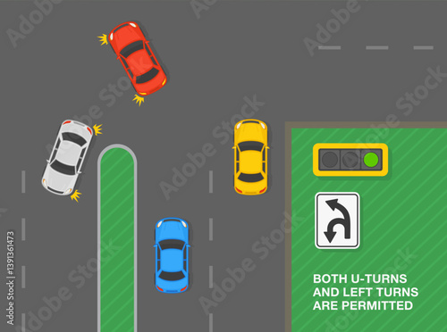 Safe driving tips and traffic regulation rules. Top view of a traffic flow at intersection. U or left turn allowed sign meaning. Flat vector illustration template.