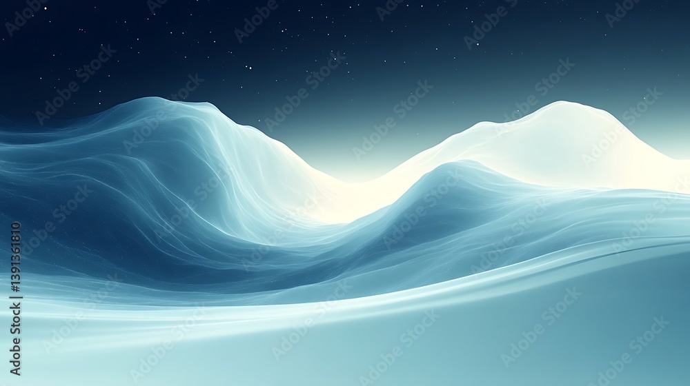 Ethereal, glowing, blue and white landscape under a starry night sky. Ethereal, glowing, blue and white landscape under a starry night sky.