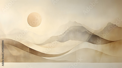 An abstract artwork representing rolling hills under a warm golden sun