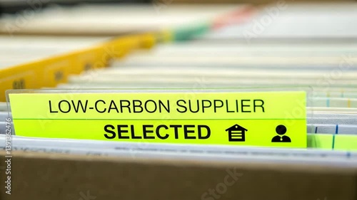 Carbon Reduction concept. A close-up of a file label reading 