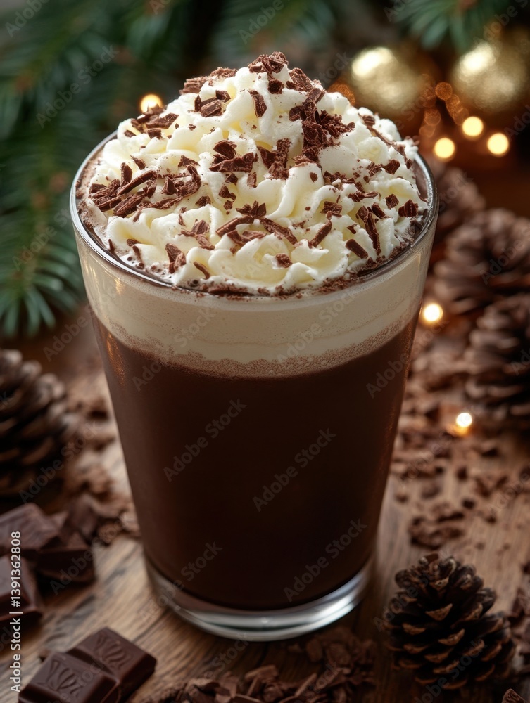 Indulge in Festive Warmth Aromatic Hot Chocolate with Whipped Cream and Chocolate Shavings on Cozy Wooden Table amidst Holiday Decor Indulge in Festive Warmth Aromatic Hot Chocolate with Whipped Cream and Chocolate Shavings on Cozy Wooden Table amidst Holiday Decor
