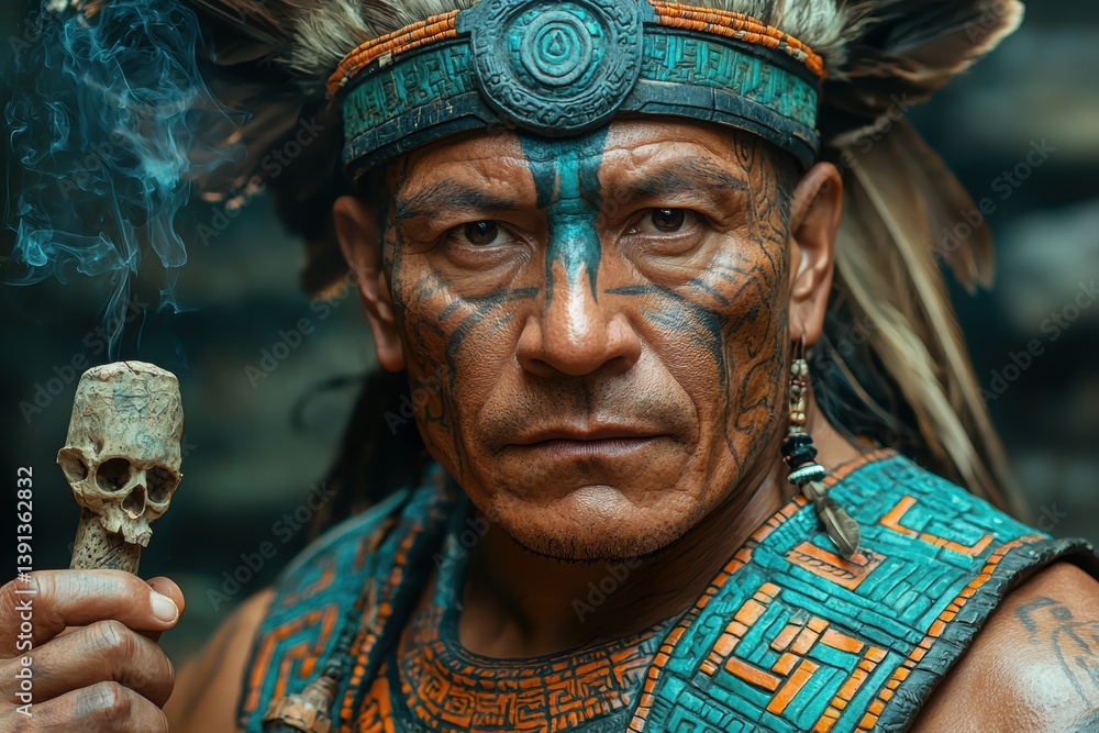 Obraz premium A powerful portrait of a tribal man adorned with traditional tattoos and attire, holding a skull, evoking a strong cultural and spiritual presence.