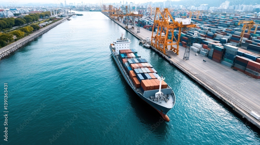 A cargo ship navigates a busy port, surrounded by colorful shipping containers and cranes, reflecting a vibrant industrial landscape. A cargo ship navigates a busy port, surrounded by colorful shipping containers and cranes, reflecting a vibrant industrial landscape.