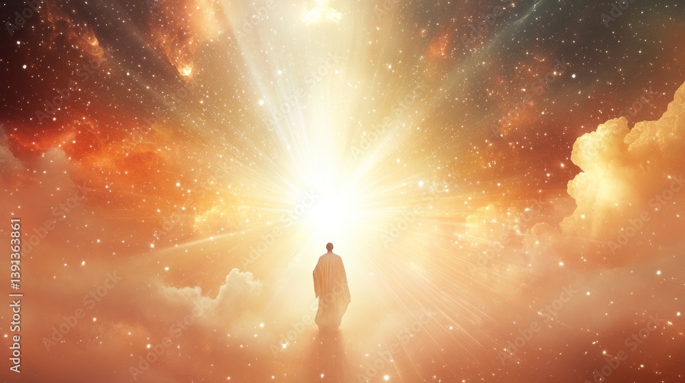 Fototapeta premium Celestial Ascension - Man Walking Towards Divine Light