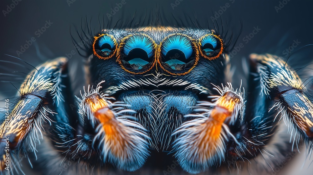 An extreme close-up of a jumping spider’s large reflective eyes, highlighting their vibrant colors. An extreme close-up of a jumping spider’s large reflective eyes, highlighting their vibrant colors.