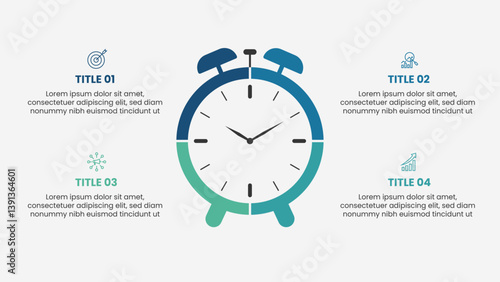 Creative infographic template with 4 options. Modern business presentation with clock illustration.