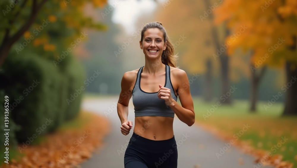 Beautiful adult woman is jogging outdoor on cloudy day in autumn. Beautiful adult woman is jogging outdoor on cloudy day in autumn.