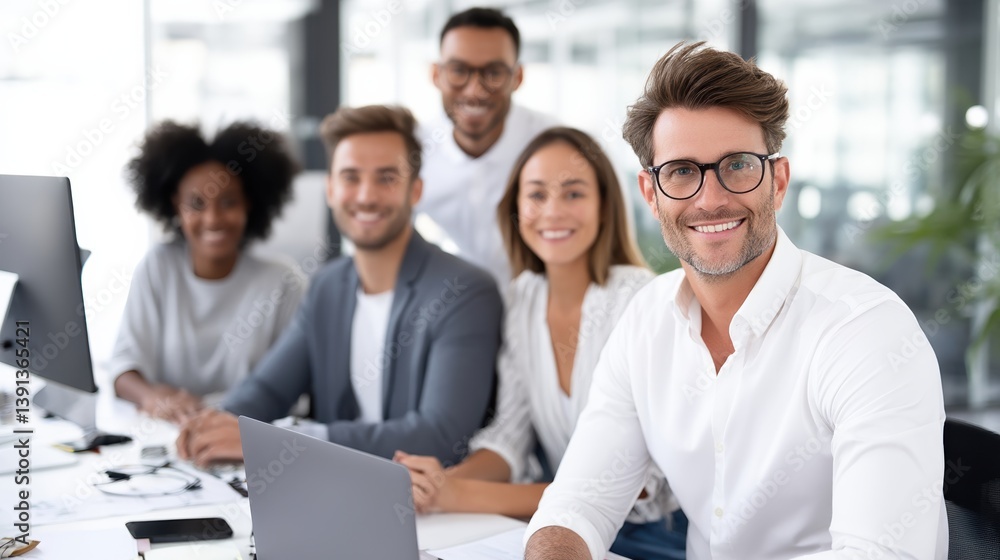 Fototapeta premium A group of five smiling professionals poses together in a modern office, showcasing teamwork and collaboration.
