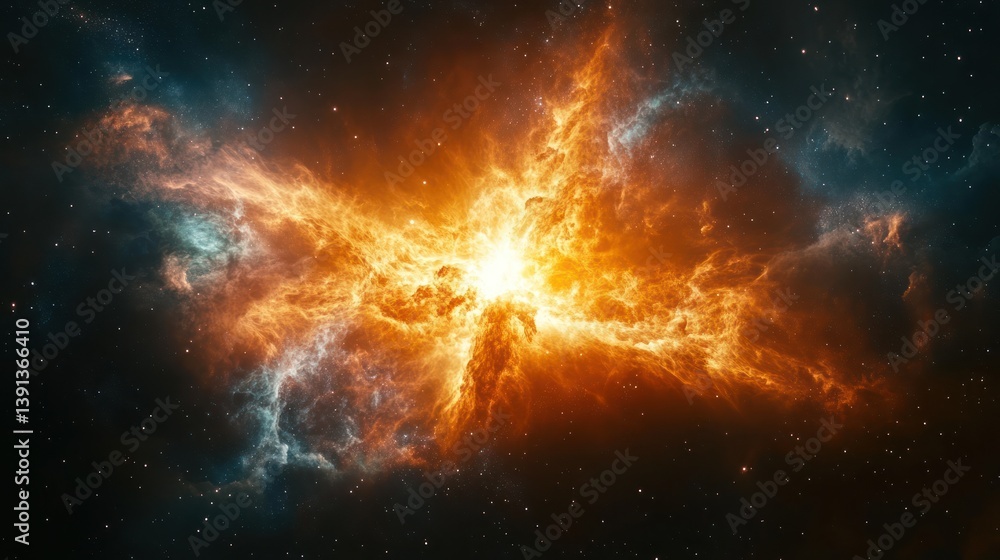 Fototapeta premium Cosmic explosion, fiery nebula, starfield background, space art, science fiction