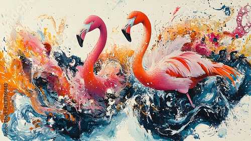 Two pink flamingos painted with vivid color splashes of water