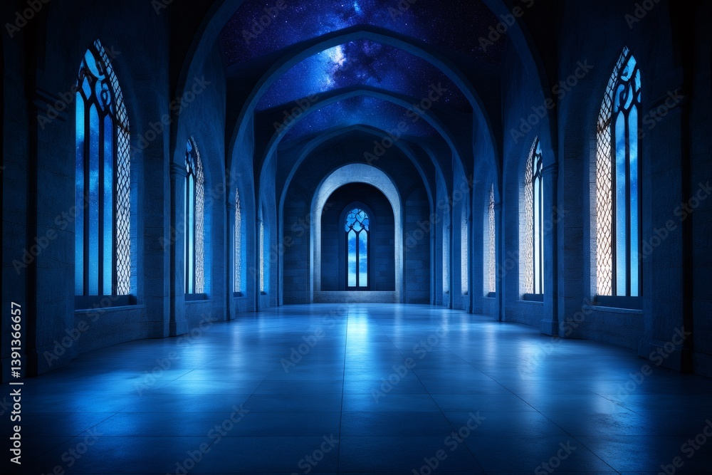 Fototapeta premium Mysterious gothic corridor with starry night seen through windows