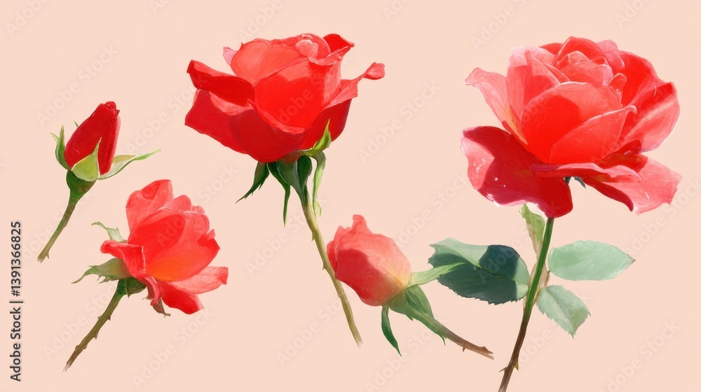 Elegant Arrangement of Red Roses on a Soft Background Capturing the Beauty and Freshness of Floral Art with a Delicate Touch and a Romantic Appeal Elegant Arrangement of Red Roses on a Soft Background Capturing the Beauty and Freshness of Floral Art with a Delicate Touch and a Romantic Appeal