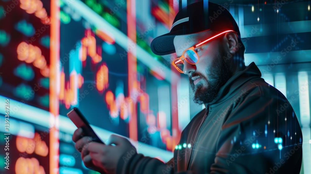 Close-up of trader analyzing market trends in digital environment Close-up of trader analyzing market trends in digital environment