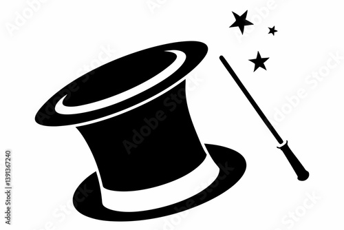 magician hat with wand design silhouette vector illustration