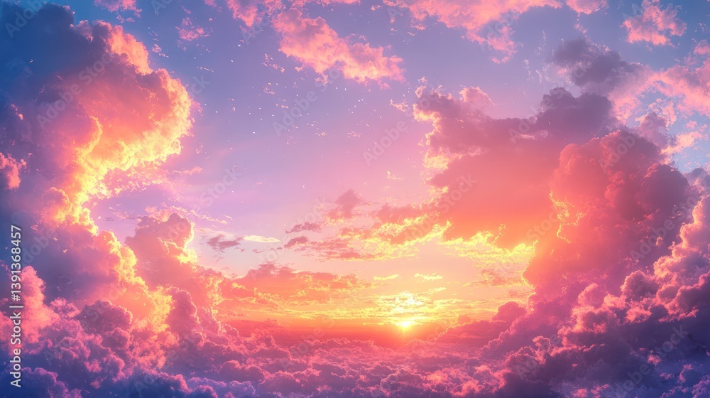 Fototapeta premium Vibrant sunset cloudscape, aerial view, dreamy sky, background design