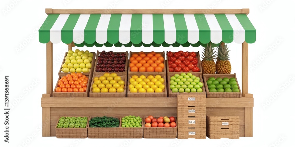 Fototapeta premium Colorful Farmers Market Fruit Stand – Fresh Produce Display with Wooden Stall and Awning Isolated on White Background
