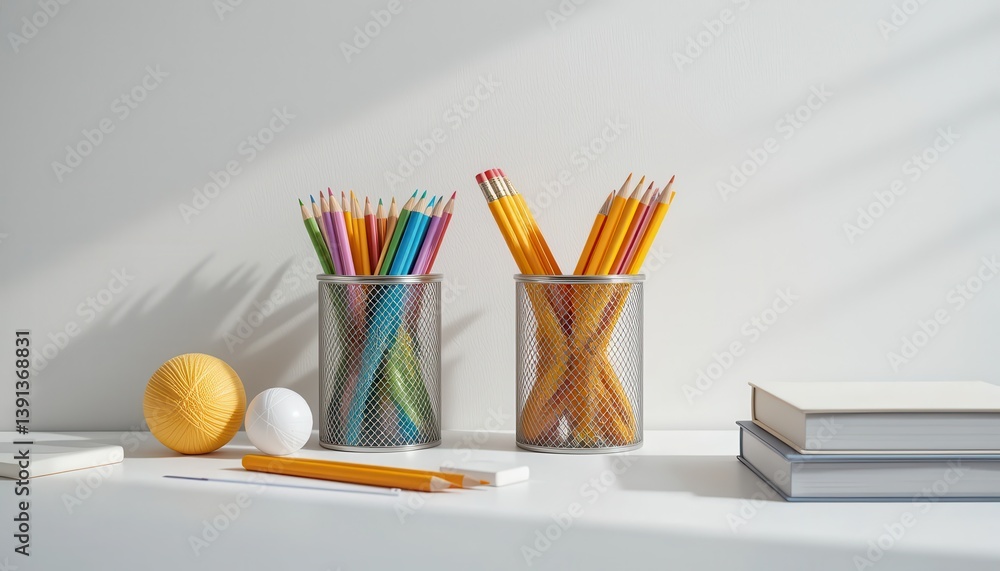 Obraz premium Artistic arrangement featuring pencils, colored pencils, books, and yarn balls