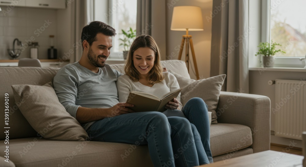 A couple enjoys reading together on a cozy sofa. A couple enjoys reading together on a cozy sofa.