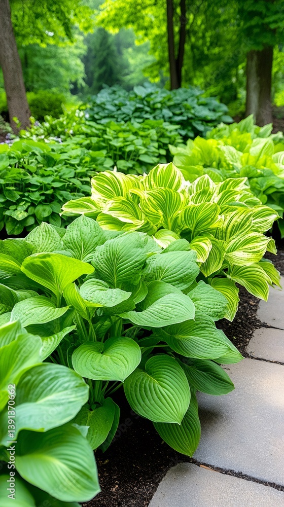 Lush green hosta plants growing along garden path