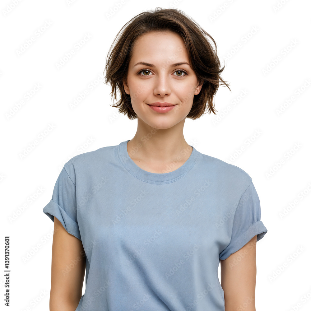 Content Woman in Blue Tee Shirt Portrait Content Woman in Blue Tee Shirt Portrait