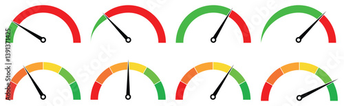 Colour speedometer set, tachometer, indicator icons, Performance measurement, Vector illustration. 