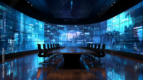 Futuristic boardroom meeting corporate office digital display modern environment wide angle view technology concept