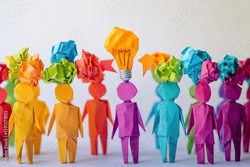 Colorful paper figures, representing a group of people, with crumpled paper thoughts and a lightbulb idea