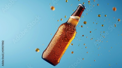 An amber glass beer bottle floats at an angle against a smooth blue background, with condensation droplets adding a refreshing, chilled feel—perfect for advertising beverages or summer vibes