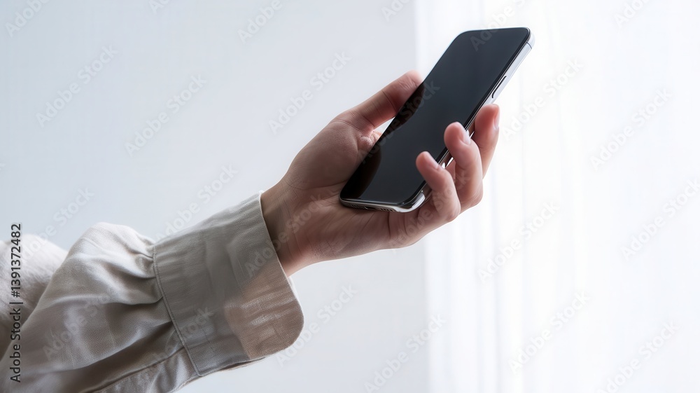 Person Holding a Sleek Smartphone against a Minimalist, Bright Background Person Holding a Sleek Smartphone against a Minimalist, Bright Background
