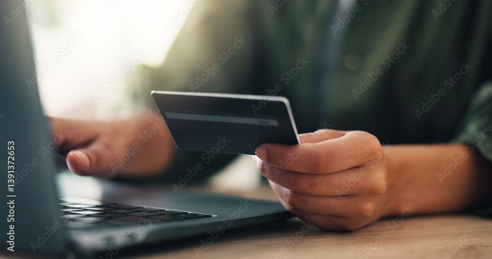 Hands, person or credit card with laptop in home for online shopping, banking payment or typing voucher code. Ecommerce, closeup and fintech on technology for website transaction or discount purchase Hands, person or credit card with laptop in home for online shopping, banking payment or typing voucher code. Ecommerce, closeup and fintech on technology for website transaction or discount purchase