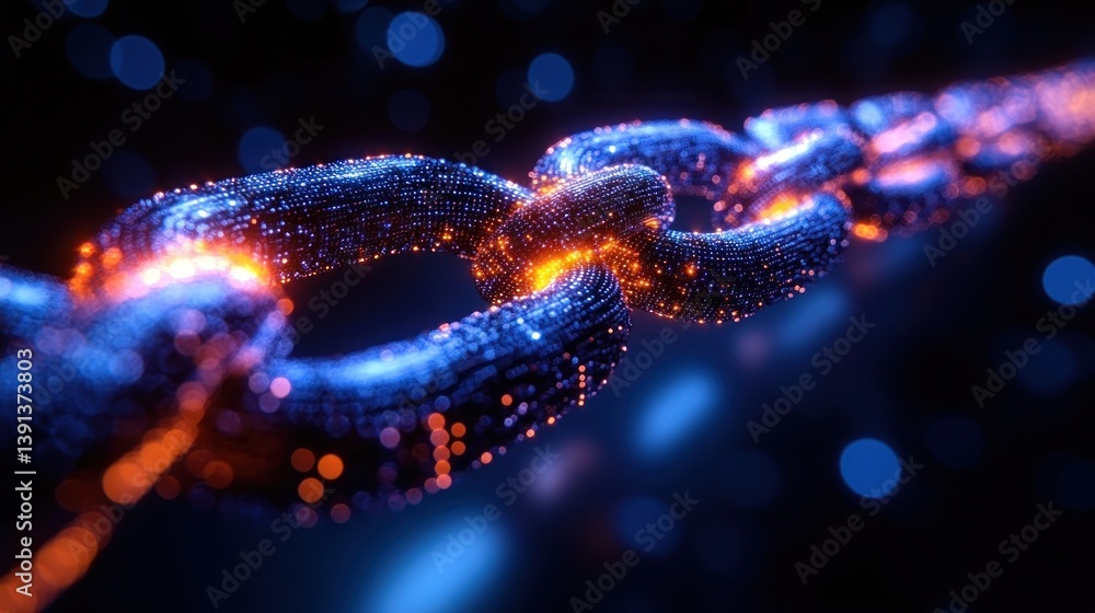 Glowing digital chain, symbolizing secure connections and innovative technology Glowing digital chain, symbolizing secure connections and innovative technology