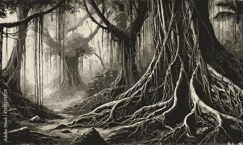Dark, mystical forest with massive ancient trees and thick roots, evoking a fantasy or enchanted jungle atmosphere in monochrome tones.