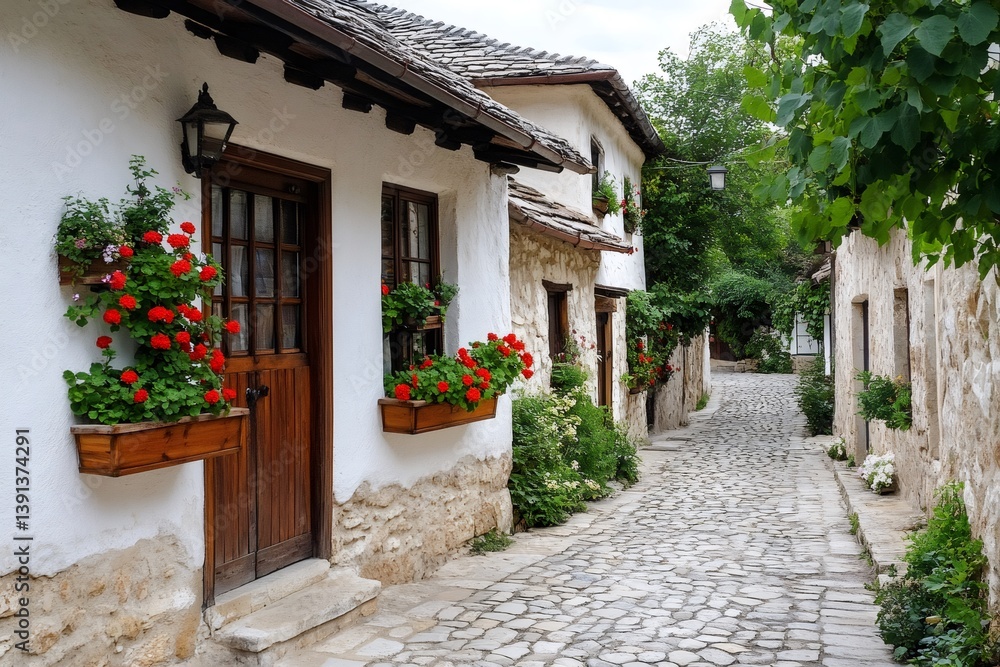 Naklejka premium Charming cobblestone street winding through picturesque Rajac wine cellars in Serbia