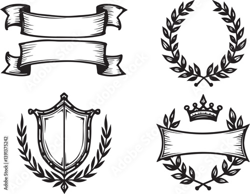 Heraldic Crest & Laurel Wreath SVG Bundle | Vintage Shield Emblems & Ribbon Banner Clipart | Vector Design for Logos, Certificates & Crafts

