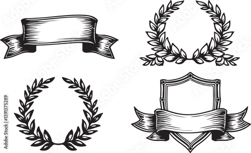 Heraldic Crest & Laurel Wreath SVG Bundle | Vintage Shield Emblems & Ribbon Banner Clipart | Vector Design for Logos, Certificates & Crafts

