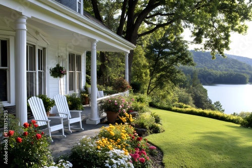 Fototapeta Naklejka Na Ścianę i Meble -  White house with porch overlooking lake and mountains