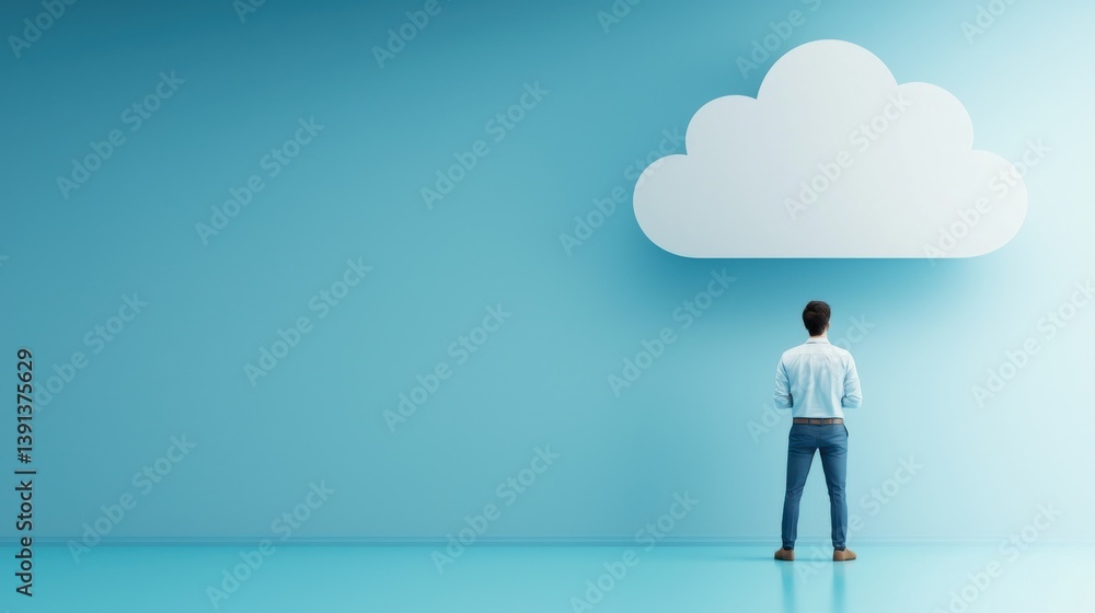 Man Contemplating Cloud Concept in Minimalist Modern Space Man Contemplating Cloud Concept in Minimalist Modern Space