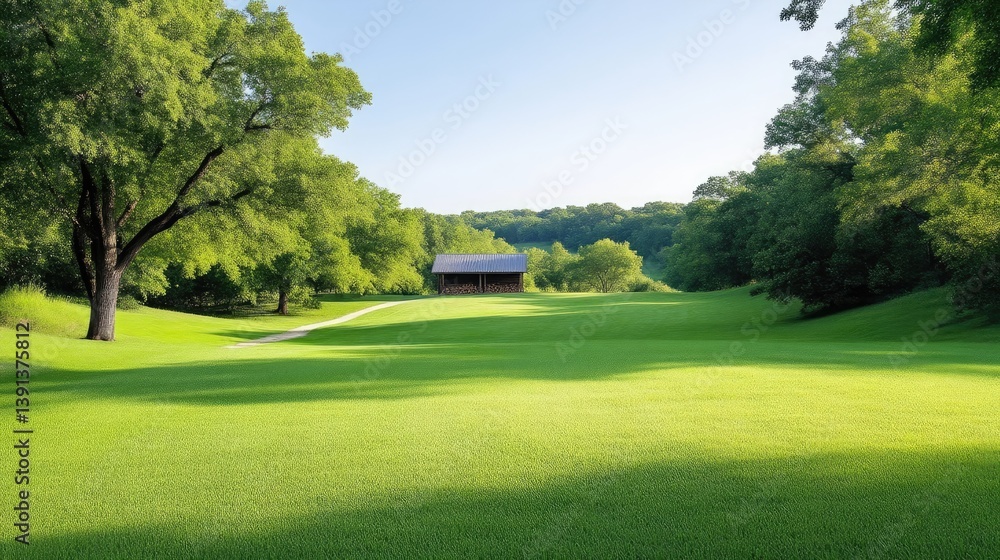 Fototapeta premium Lush green golf course with a wooden clubhouse