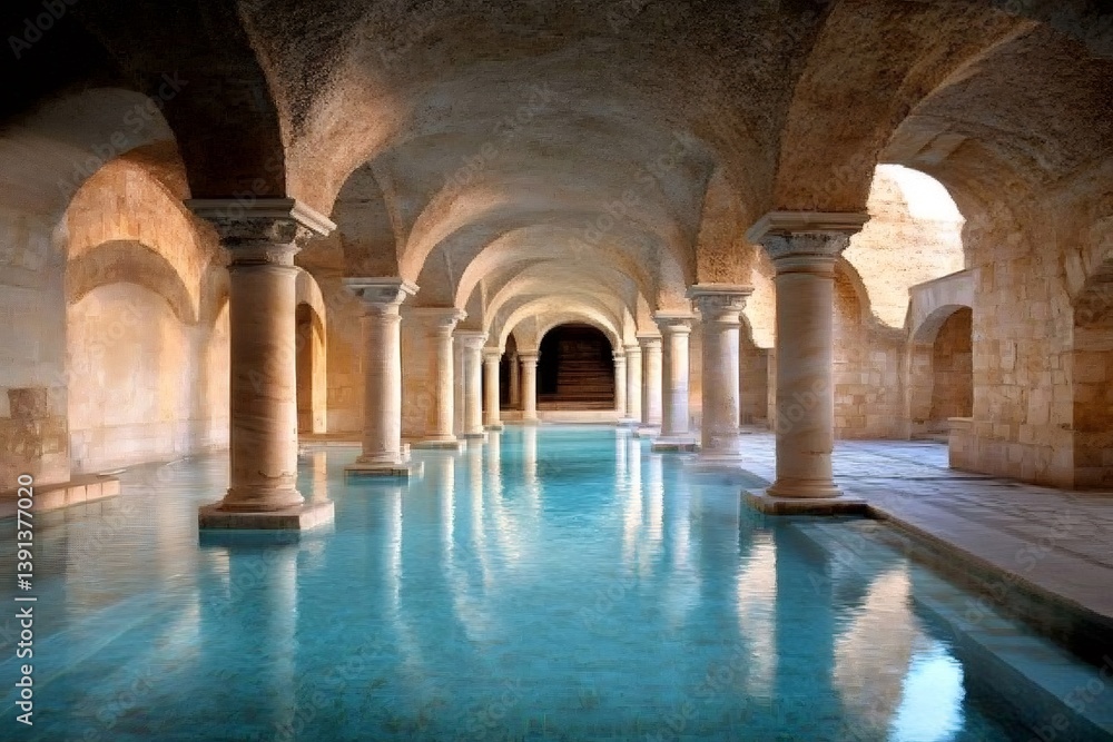 Fototapeta premium Ancient Roman bath reflecting on turquoise water surface with columns and arches