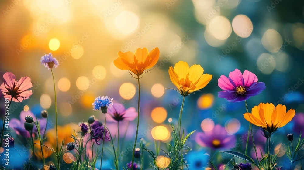 Obraz premium Sunset Cosmos flowers bloom in garden bokeh