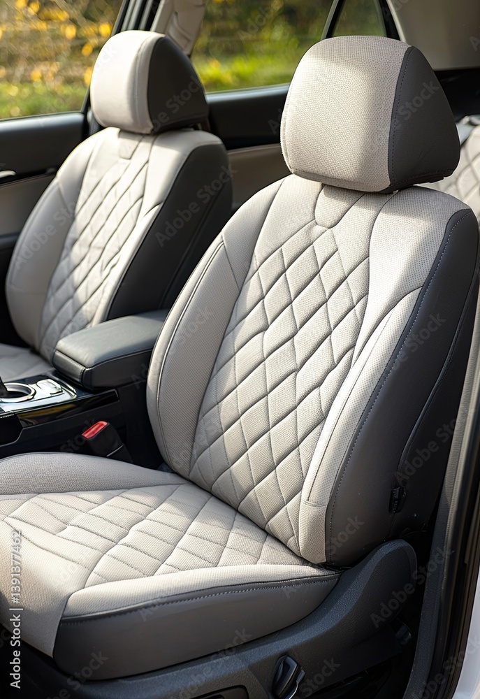 Fototapeta premium Minimalist Car Interior Design with Light Gray Cushioned Seats for Modern Comfort